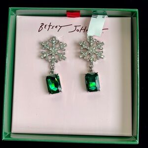 Betsey Johnson Silver Snowflake Earrings with Green Gemstone